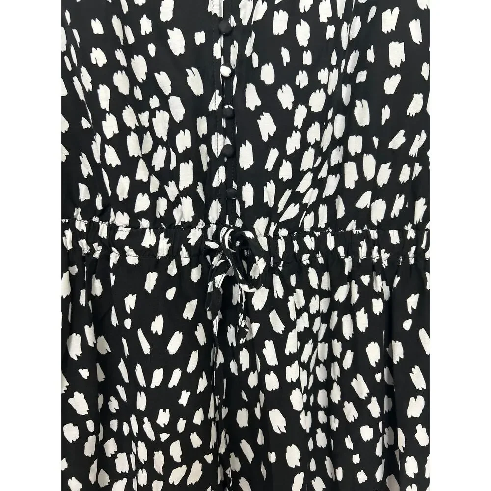 Vineyard Vines Black White Silk Blend Dress Large V Neck Long Sleeve Ruffle Hem - Picture 9 of 16